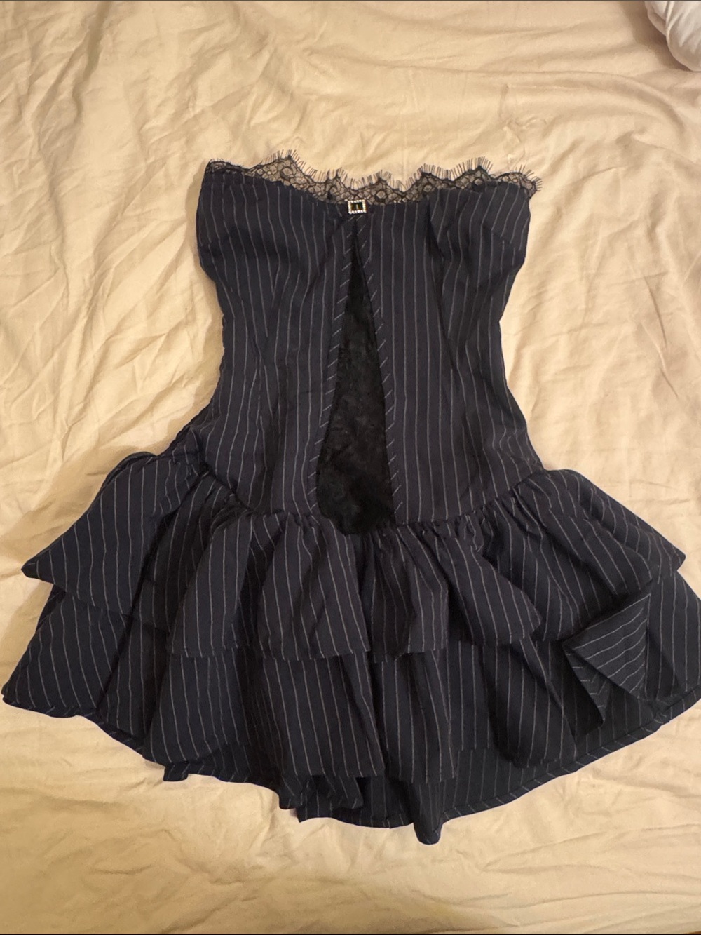 Windsor Navy Pinstripe Ruffled Strapless Dress with Lace Trim